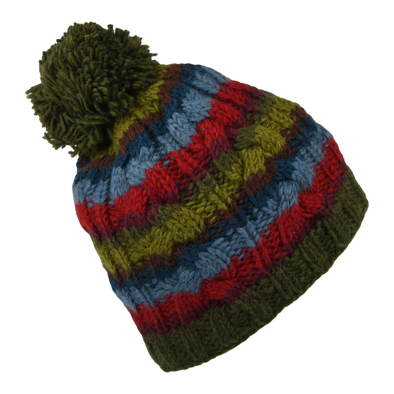 Bonnet à Pompon à Rayures à Torsades forêt KUSAN