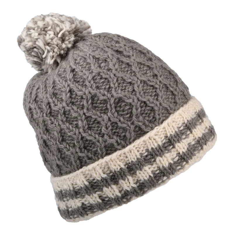 Bonnet à Pompon Maille Losange et Revers à Rayures panaché de gris KUSAN