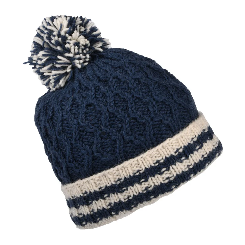 Bonnet à Pompon Maille Losange et Revers à Rayures bleu marine KUSAN