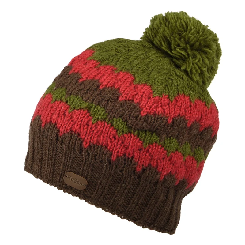Bonnet à Pompon à Rayures marron-vert KUSAN