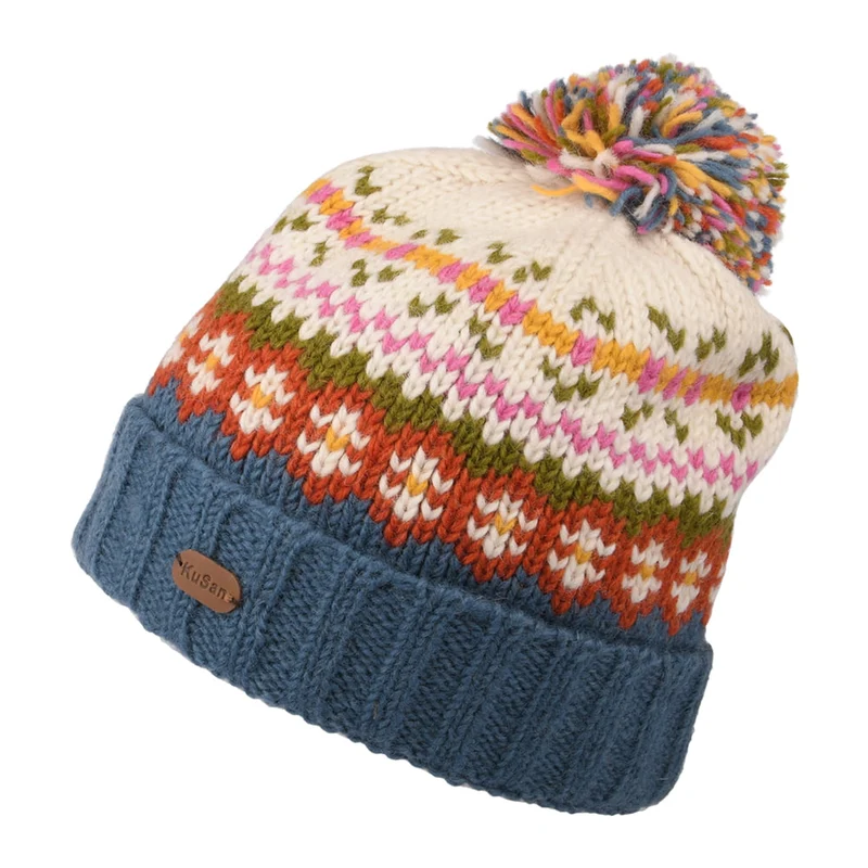 Bonnet à Pompon Fair Isle Mosaic crème-bleu KUSAN
