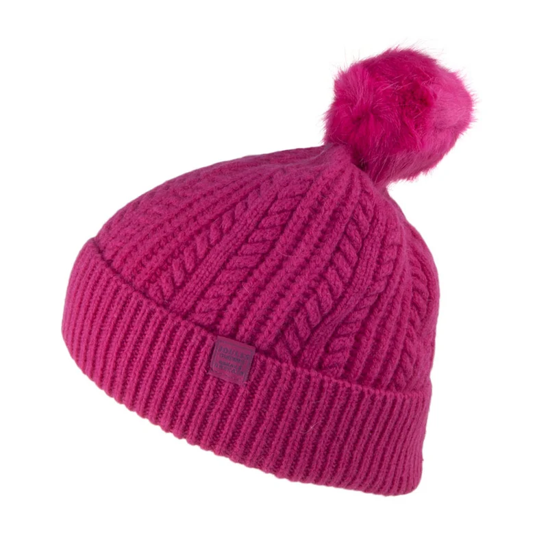 Bonnet à Pompon en Fausse Fourrure et Fines Torsades rose JOULES