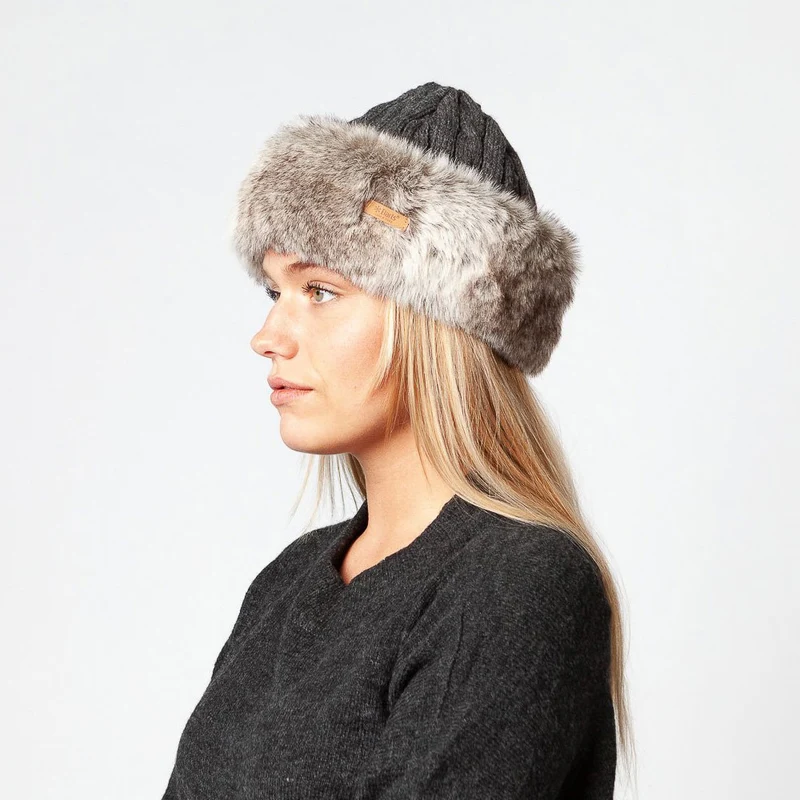 Bonnet à Torsades et Fausse Fourrure anthracite-beige sable BARTS