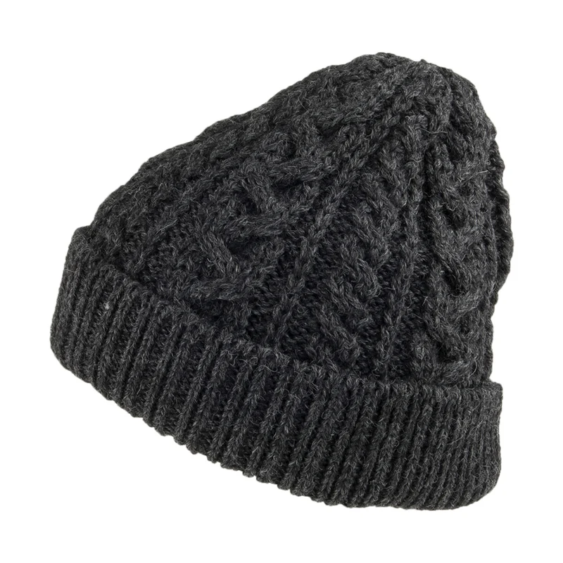 Bonnet en Laine Anglaise à Torsades et Revers anthracite HIGHLAND 2000
