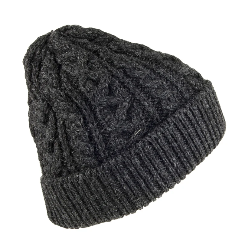 Bonnet en Laine Anglaise à Torsades et Revers anthracite HIGHLAND 2000