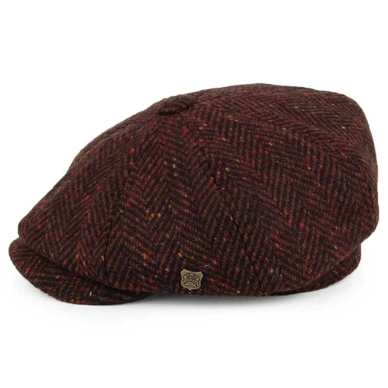 Casquette Gavroche en Tweed du Donegal à Chevrons Malmo mélange de bordeaux FAILSWORTH