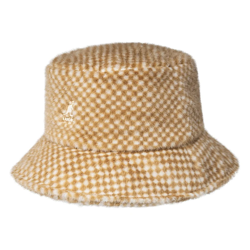 Chapeau Bob en Fausse Fourrure à Carreaux beige sable KANGOL