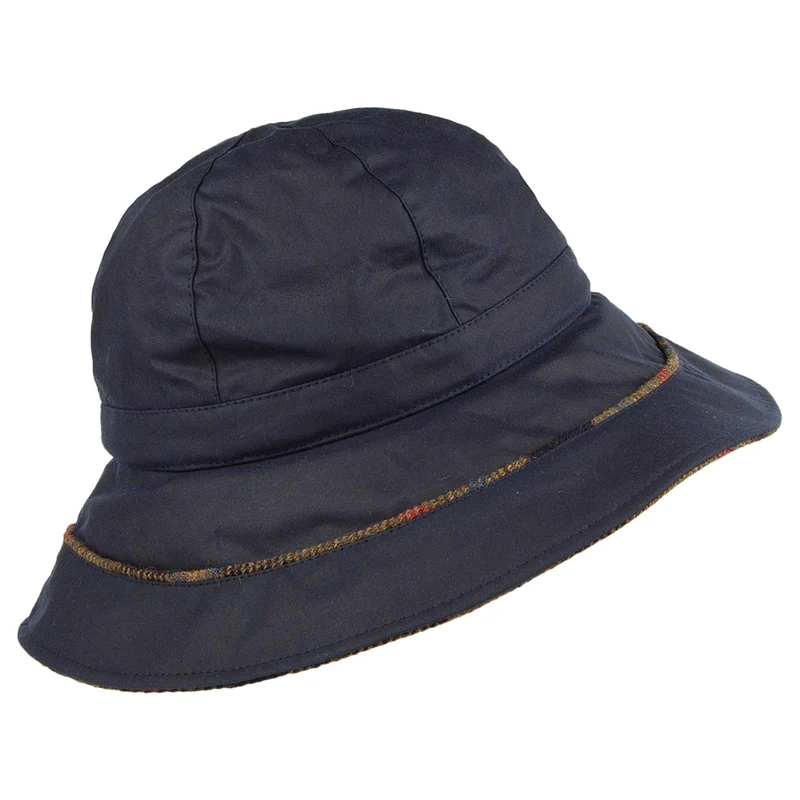 Chapeau Bob en Coton Ciré avec Ornement Tartan bleu marine FAILSWORTH