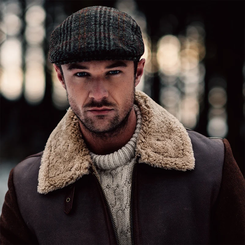Casquette Plate en HARRIS TWEED Glen Plaid Stornoway olive mélangé FAILSWORTH