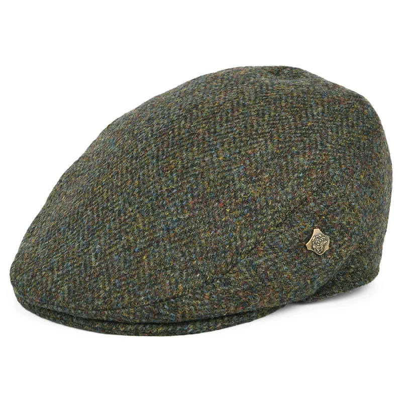 Casquette Plate en HARRIS TWEED à Chevrons Stornoway olive mélangé FAILSWORTH