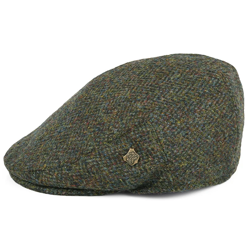 Casquette Plate en HARRIS TWEED à Chevrons Stornoway olive mélangé FAILSWORTH