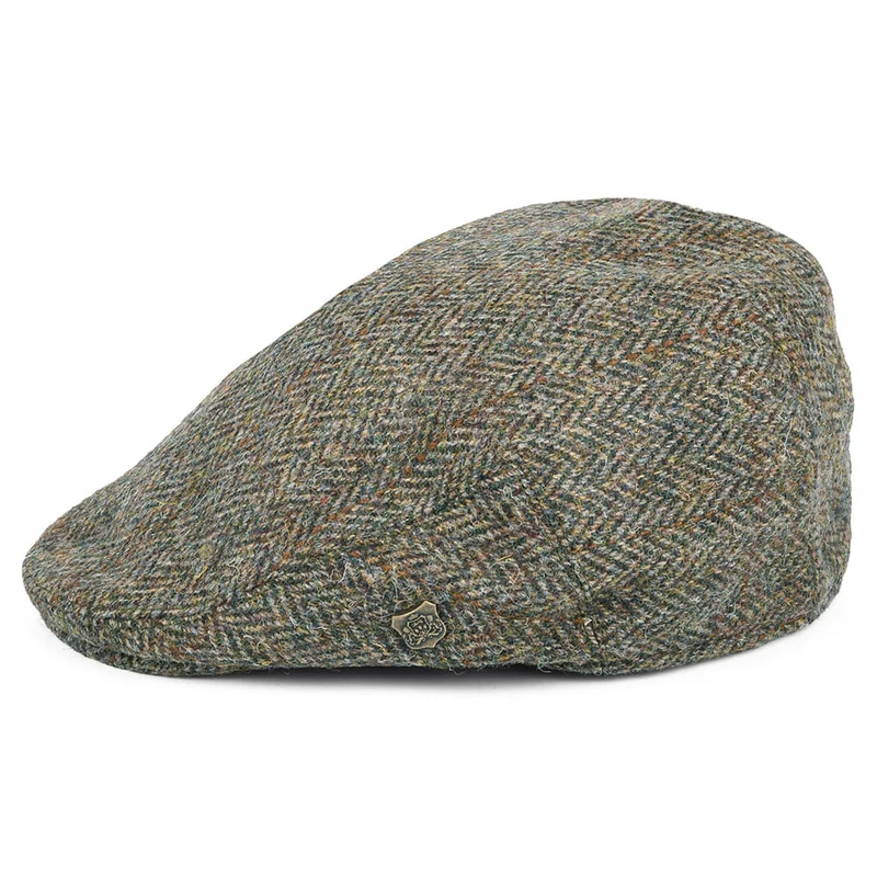 Casquette Plate en HARRIS TWEED à carreaux et Chevrons Stornoway vert-bleu FAILSWORTH