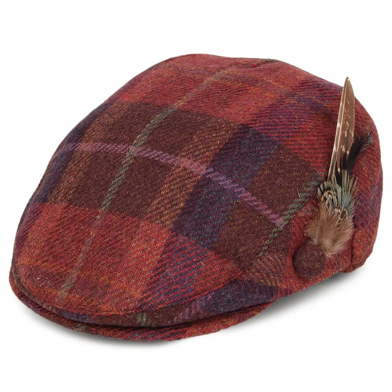 Casquette Plate en Laine Britannique Tartan avec Plume bordeaux FAILSWORTH