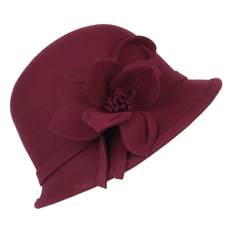 Chapeau Cloche en Laine Feutrée avec Fleur bordeaux FAILSWORTH