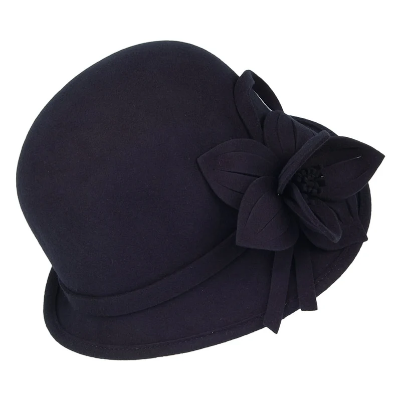 Chapeau Cloche en Laine Feutrée avec Fleur bleu marine FAILSWORTH