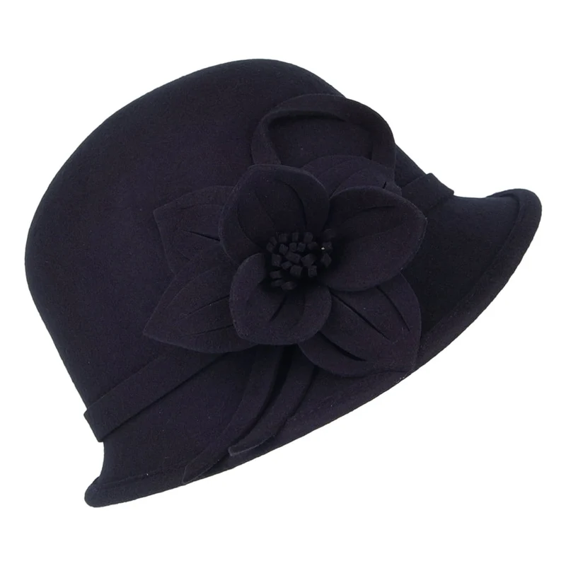Chapeau Cloche en Laine Feutrée avec Fleur bleu marine FAILSWORTH