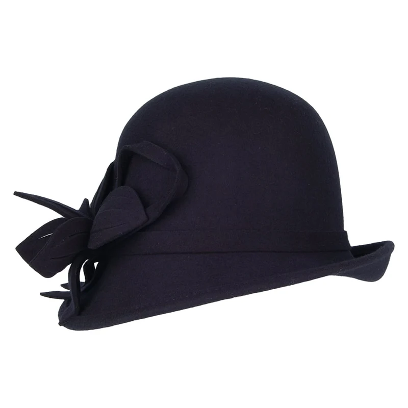 Chapeau Cloche en Laine Feutrée avec Fleur bleu marine FAILSWORTH