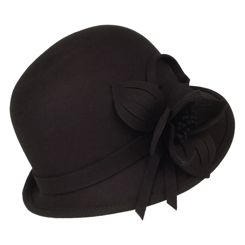 Chapeau Cloche en Laine Feutrée avec Fleur noir FAILSWORTH