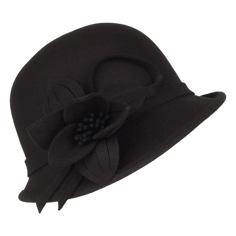 Chapeau Cloche en Laine Feutrée avec Fleur noir FAILSWORTH