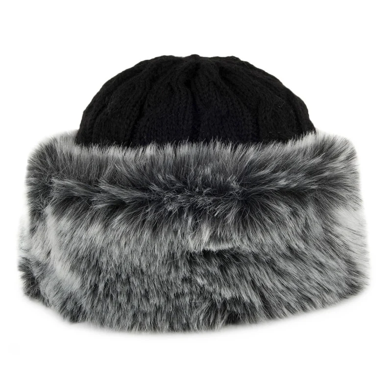 Chapeau Hiver Tricot Italien avec Revers en Fausse Fourrure noir WHITELEY