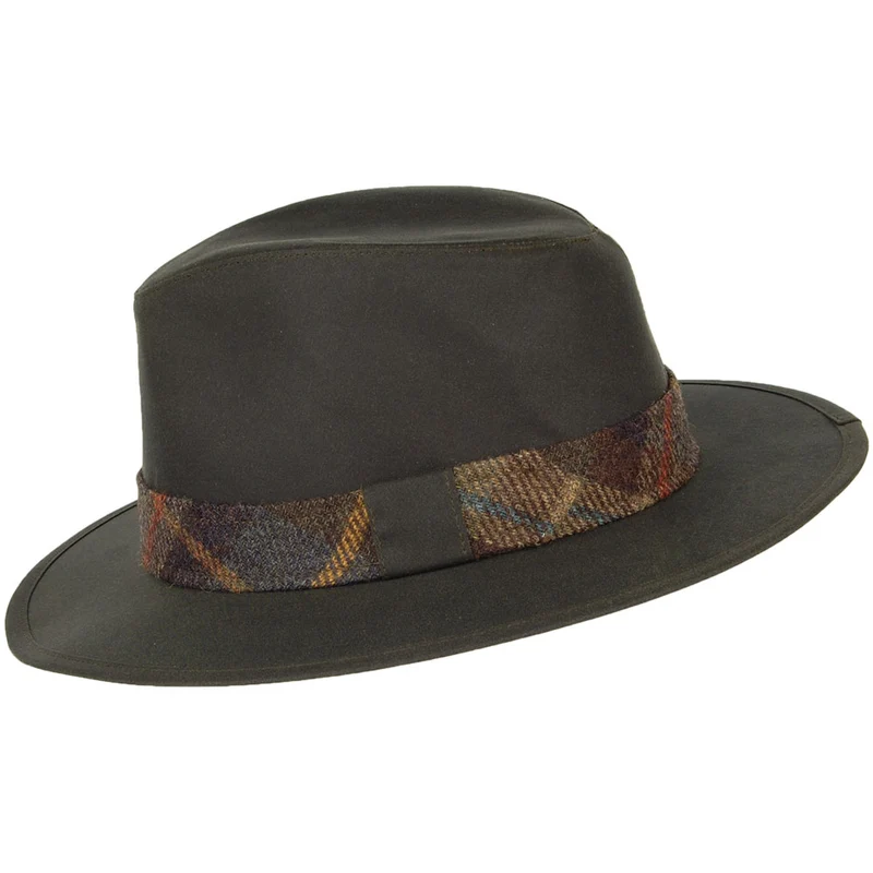Chapeau Fedora en Coton Ciré avec Bandeau en Tartan Drifter olive FAILSWORTH