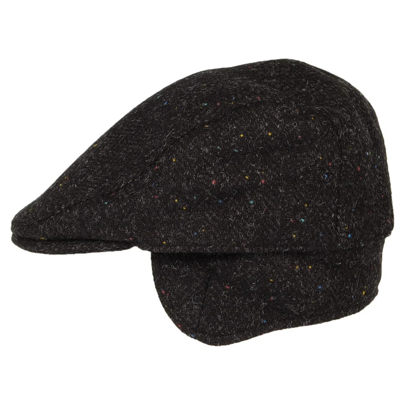 Casquette Plate en HARRIS TWEED à Protège-Oreilles Oban anthracite FAILSWORTH
