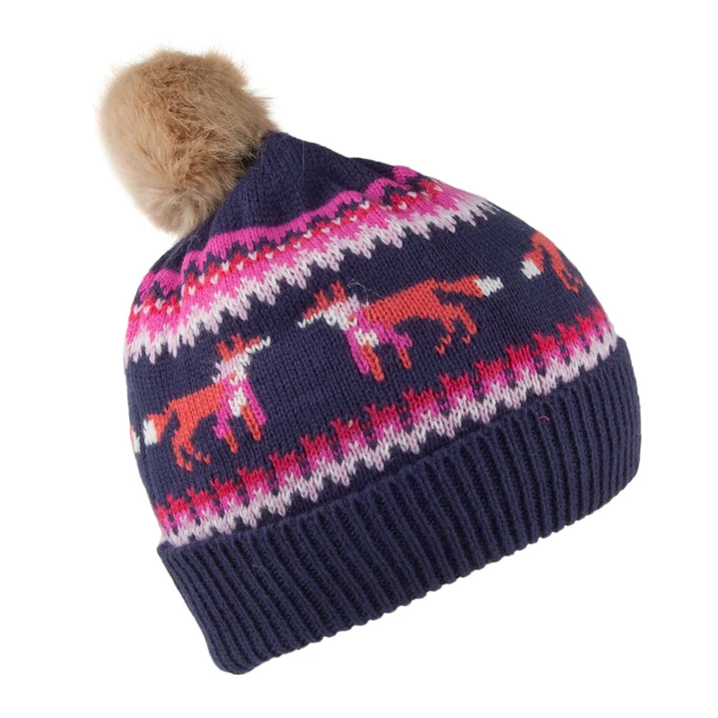 Bonnet à Pompon Enfant Tricot Fair Isle Foxes bleu marine-rose JOULES