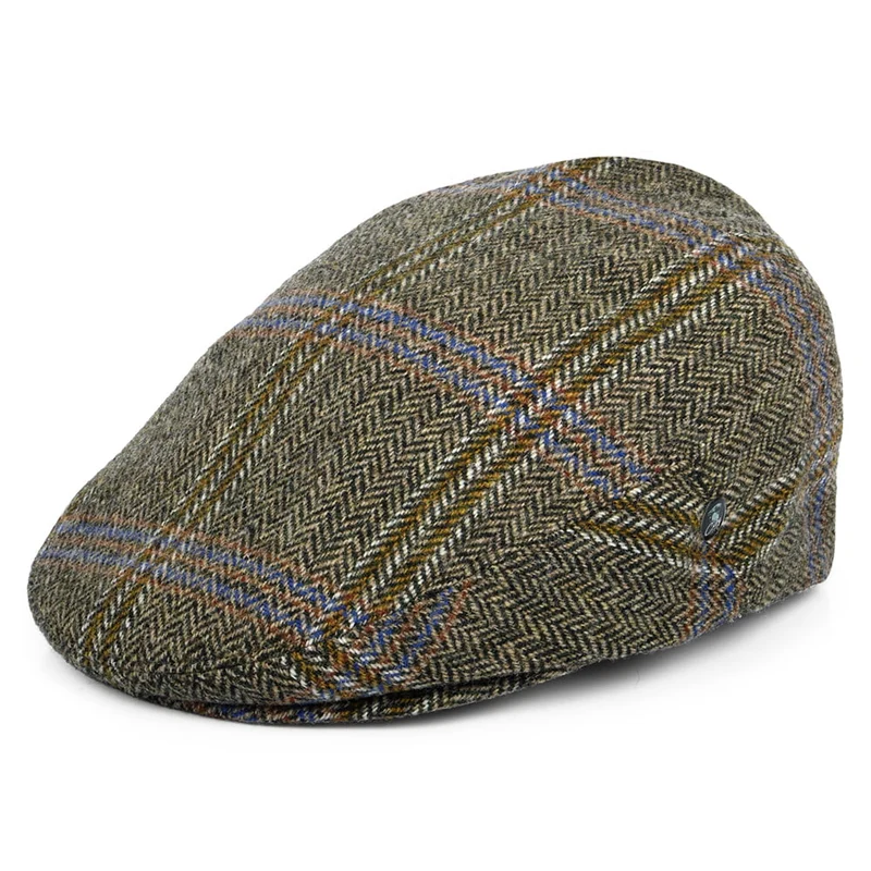 Casquette Plate en Laine Vierge à Carreaux et Chevrons beige sable-noir CITY SPORT