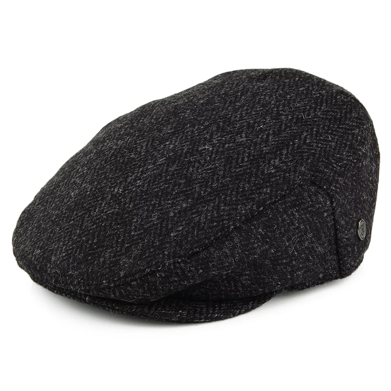 Casquette Plate en HARRIS TWEED à Chevrons Dunvegan noir-anthracite JAXON & JAMES