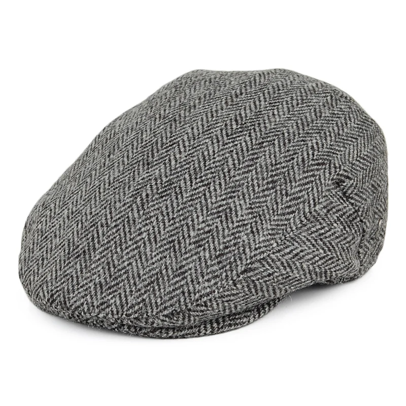 Casquette Plate en HARRIS TWEED à Chevrons Kinloch noir-gris JAXON & JAMES