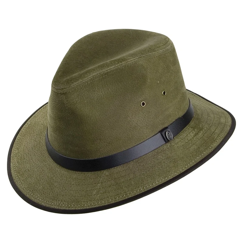 Chapeau Fedora Safari en Cuir Nubuck olive JAXON & JAMES
