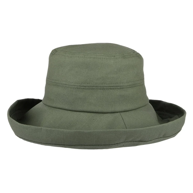 Chapeau Été en Lin et Coton Pliable Lily olive SUR LA TÊTE