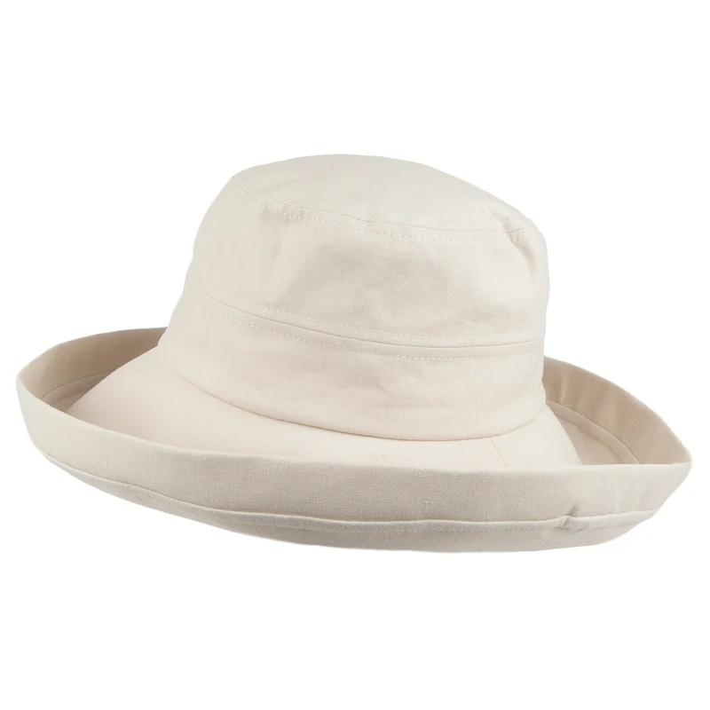 Chapeau Été en Lin et Coton Pliable Lily sable SUR LA TÊTE