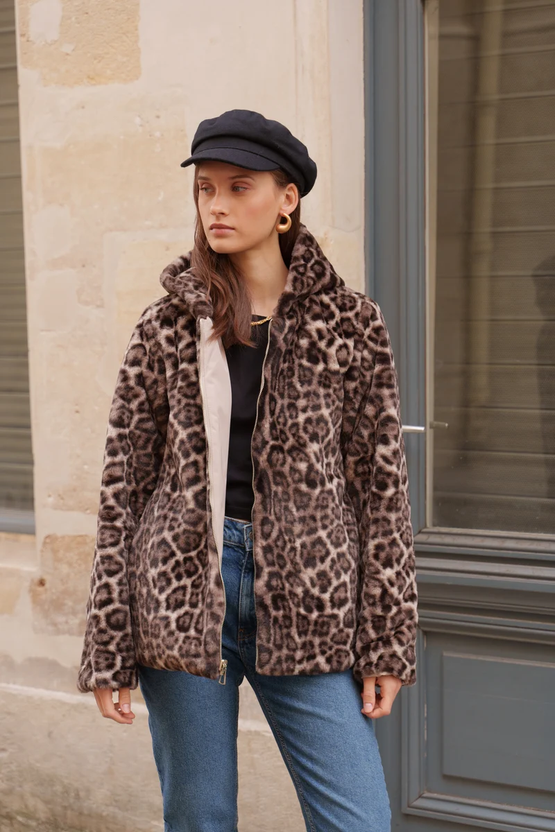 Imperméable fourré réversible court léopard