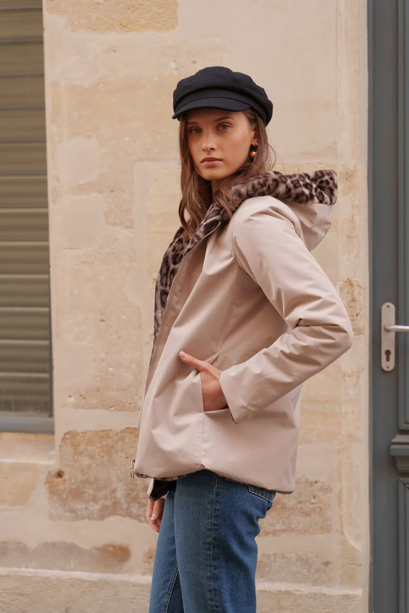 Imperméable fourré réversible court léopard