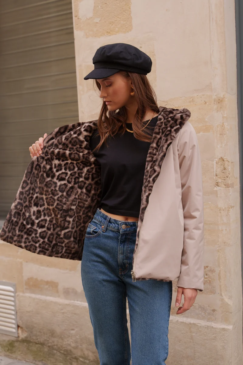 Imperméable fourré réversible court léopard