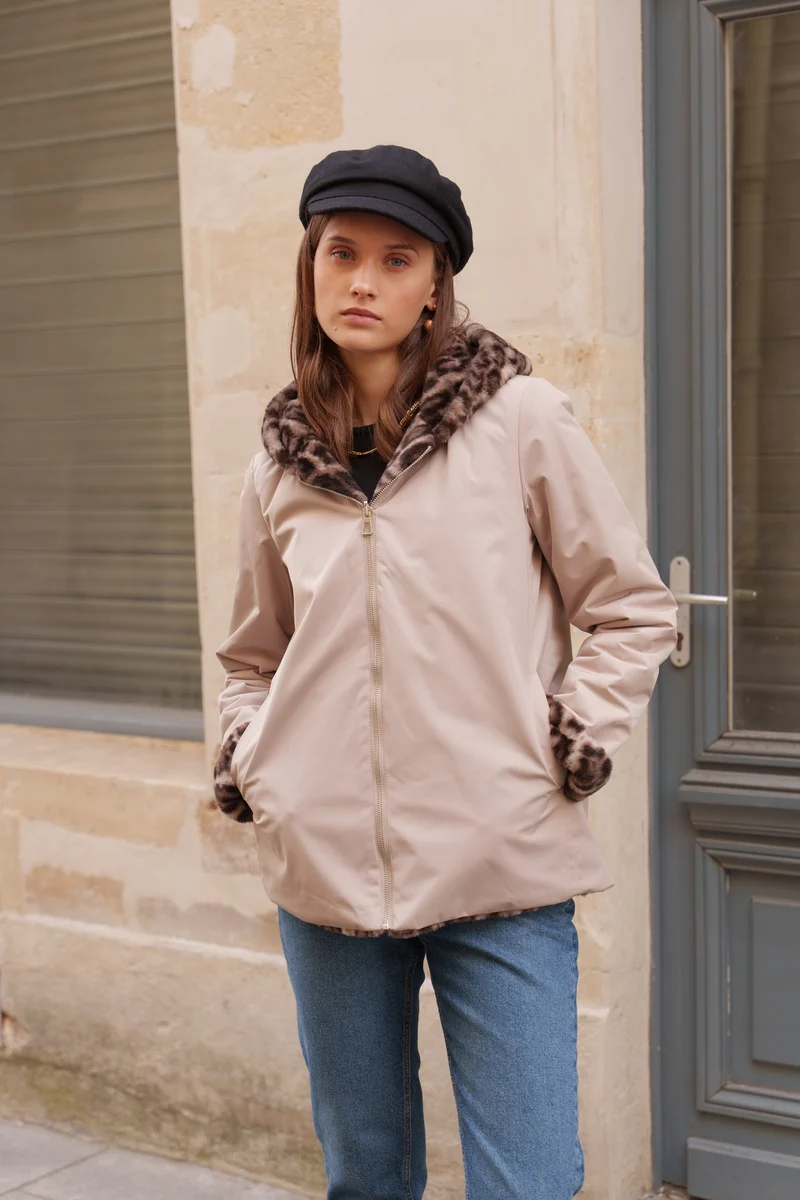 Imperméable fourré réversible court léopard
