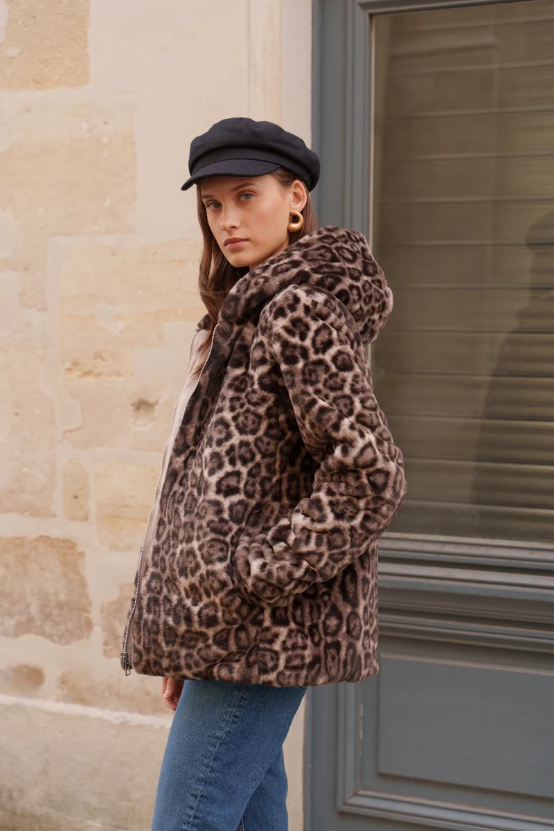 Imperméable fourré réversible court léopard