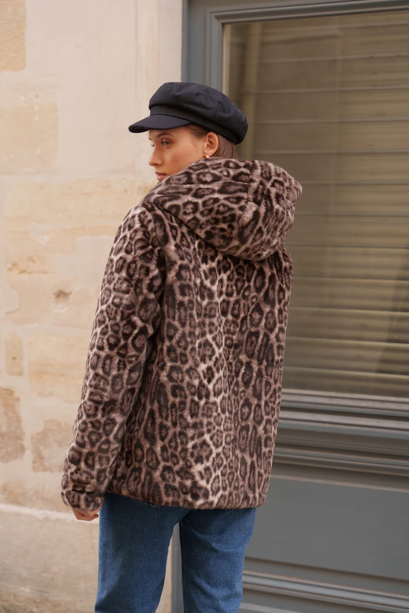 Imperméable fourré réversible court léopard