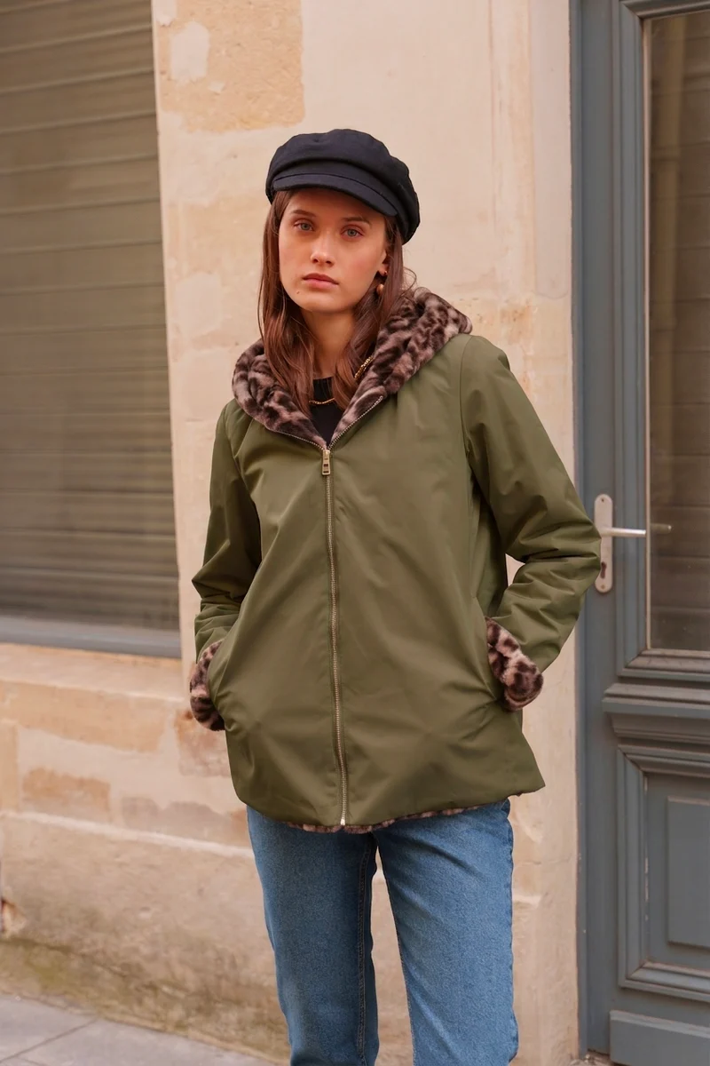 Imperméable fourré réversible court léopard