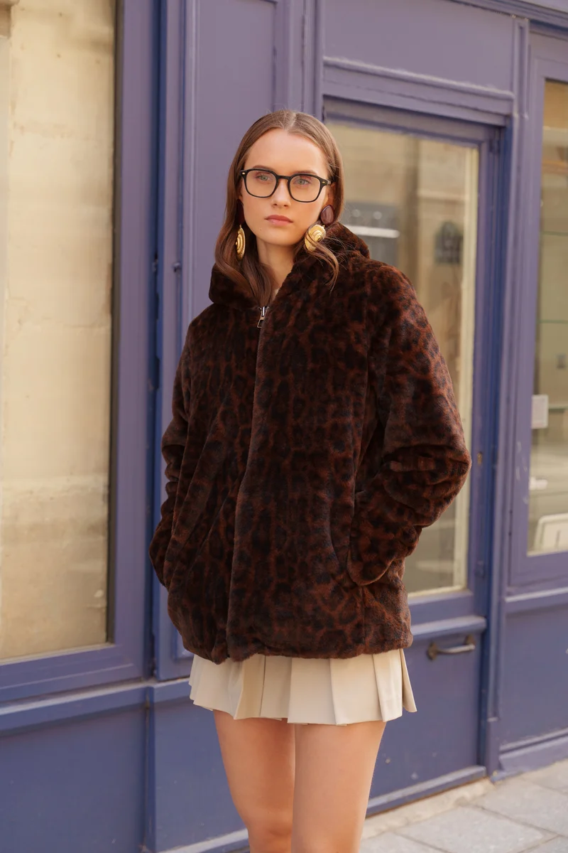Imperméable fourré réversible court léopard