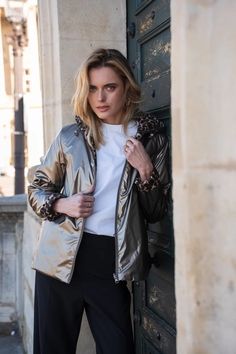 Imperméable réversible court mi-saison léopard choco