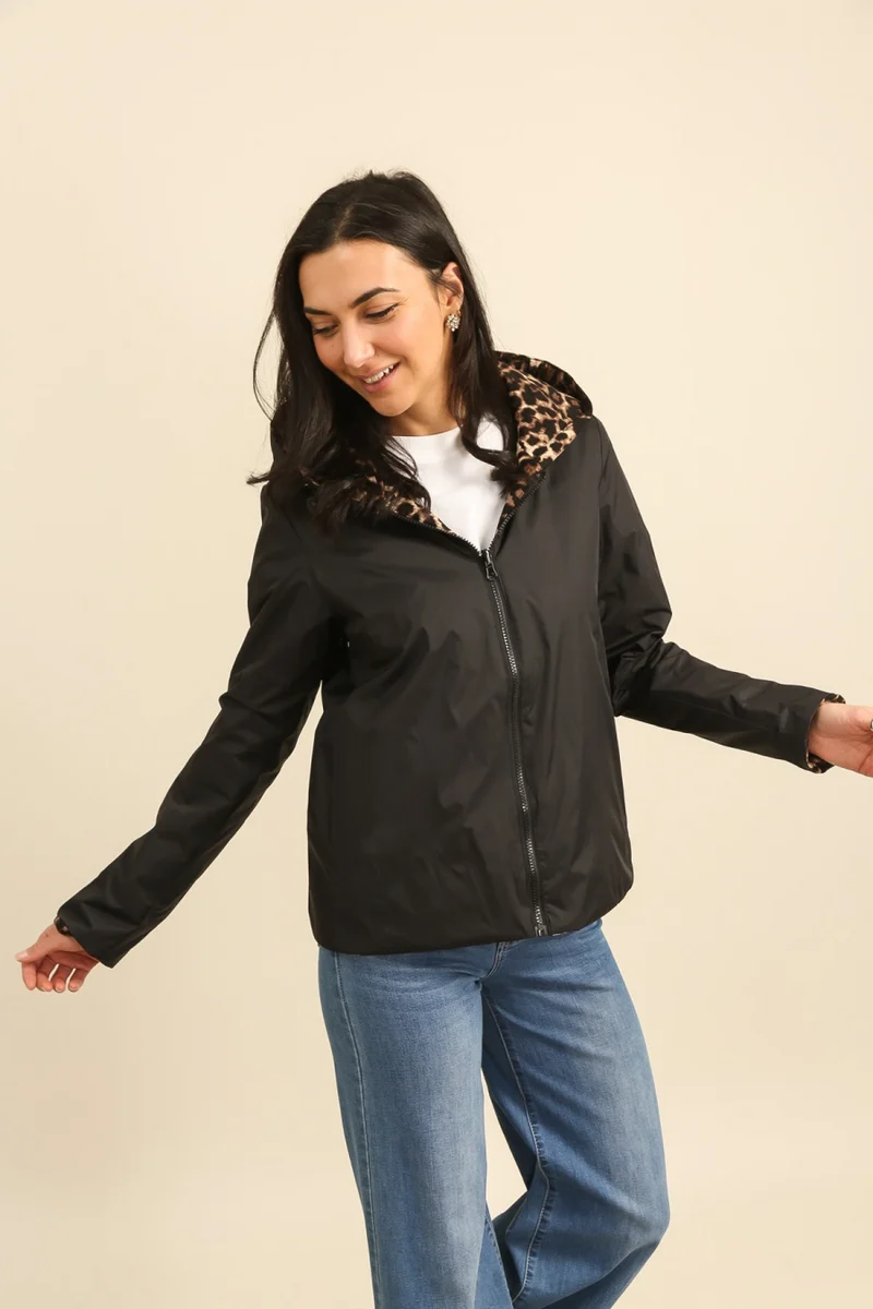 Imperméable réversible court mi-saison léopard choco