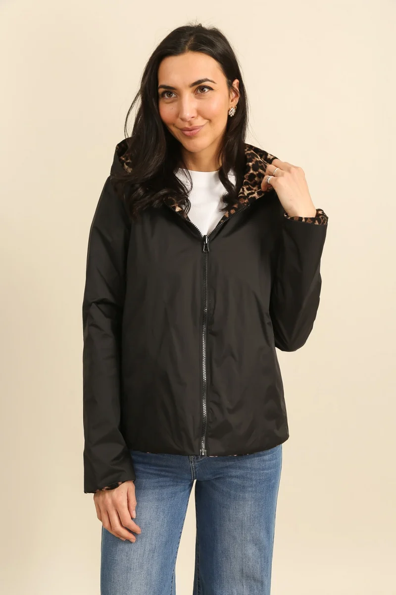 Imperméable réversible court mi-saison léopard choco