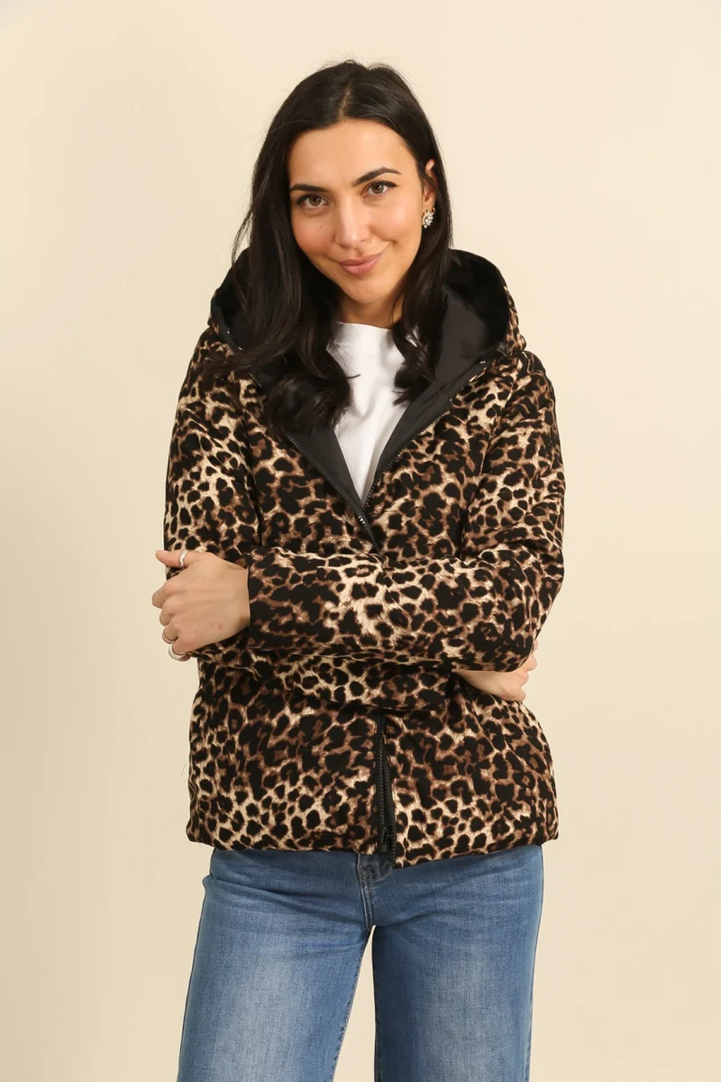 Imperméable réversible court mi-saison léopard choco