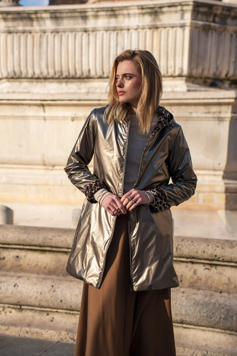 Imperméable réversible long mi-saison léopard choco