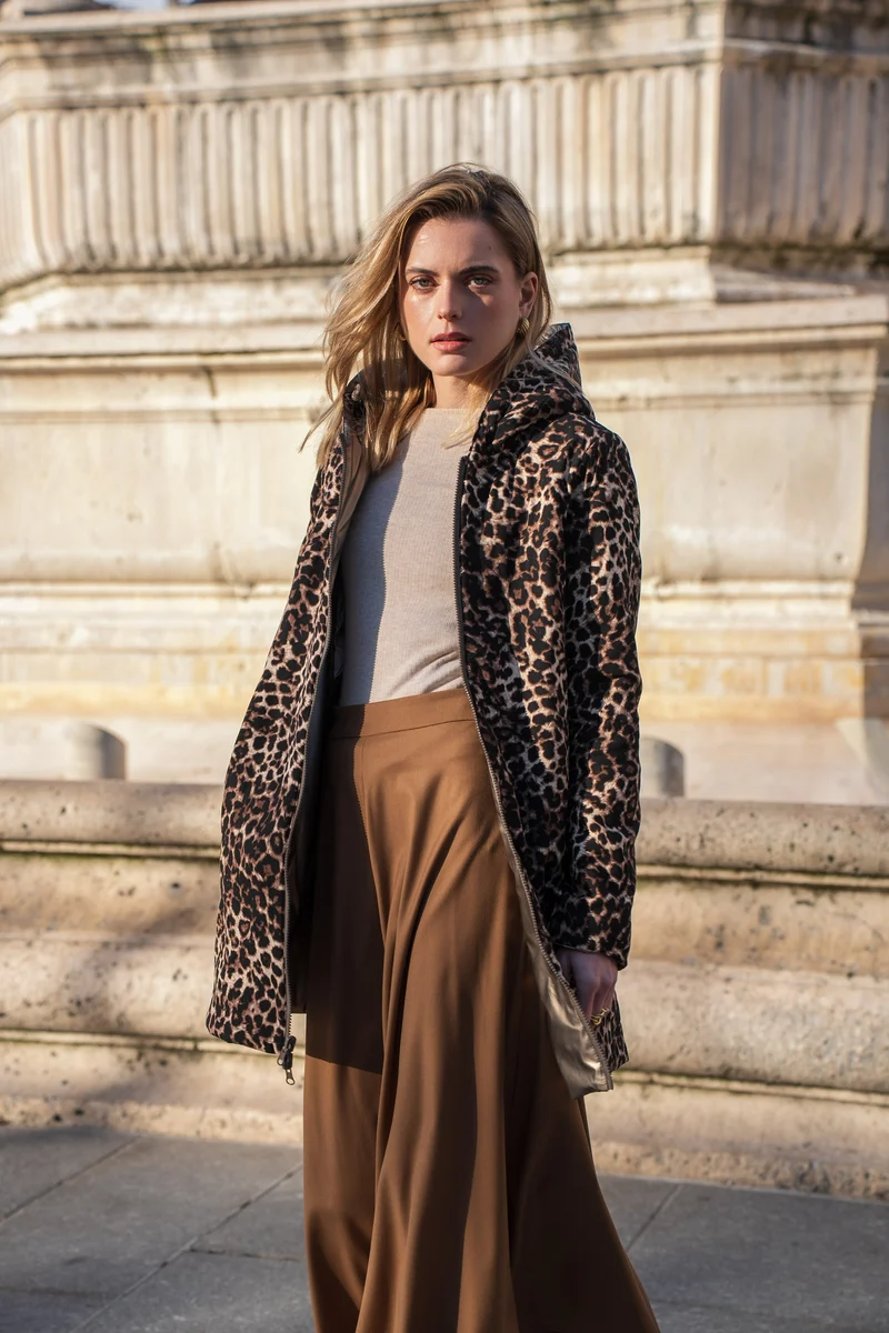 Imperméable réversible long mi-saison léopard choco