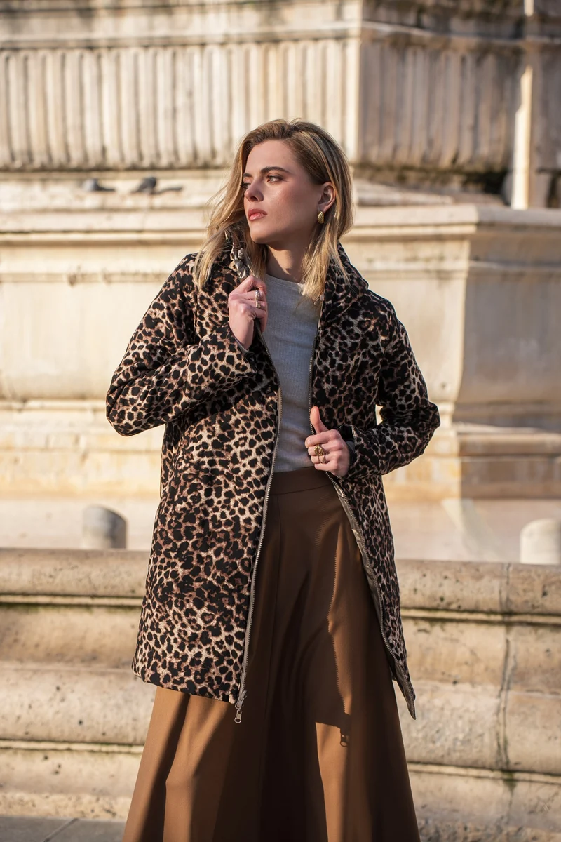 Imperméable réversible long mi-saison léopard choco