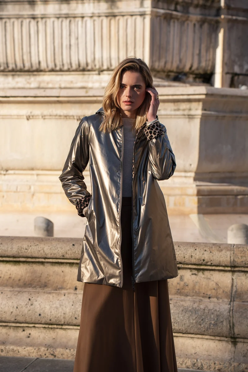 Imperméable réversible long mi-saison léopard choco