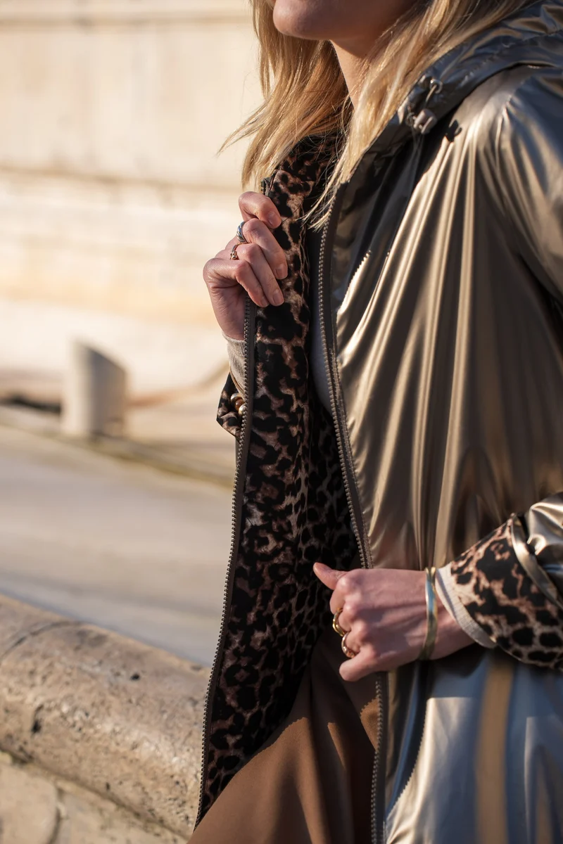 Imperméable réversible long mi-saison léopard choco